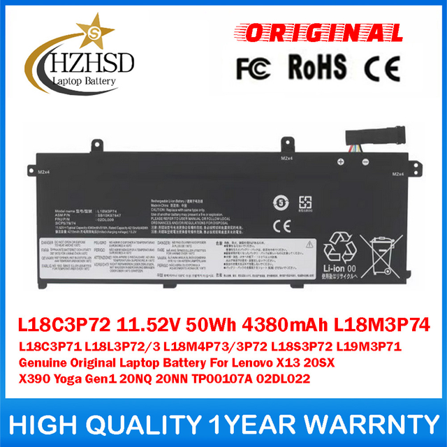 L18C3P72 11.52V 50Wh 4380mAh L18M3P74 L18C3P71 L18L3P72/3 L18M4P73/3P72 L18S3P72 L19M3P71 Genuine Original Laptop Battery For Lenovo X13 20SX X390 Yoga Gen1 20NQ 20NN TP00107A 02DL022