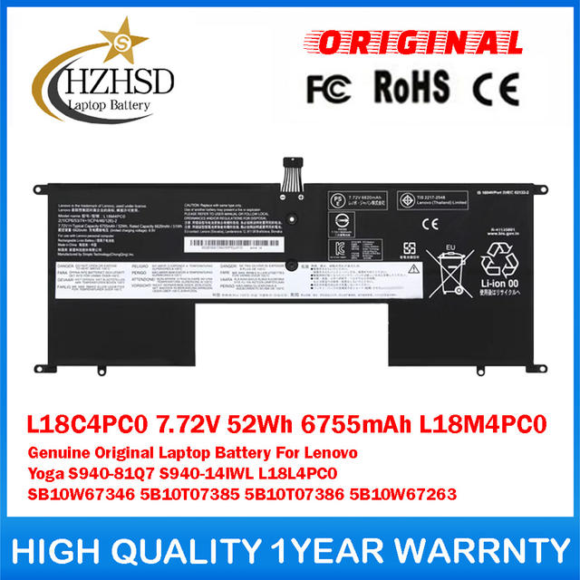 L18C4PC0 7.72V 52Wh 6755mAh L18M4PC0 L18L4PC0 Genuine Original Laptop Battery For Lenovo Yoga S940-81Q7 S940-14IWL SB10W67346 5B10T07385 5B10T07386 5B10W67263
