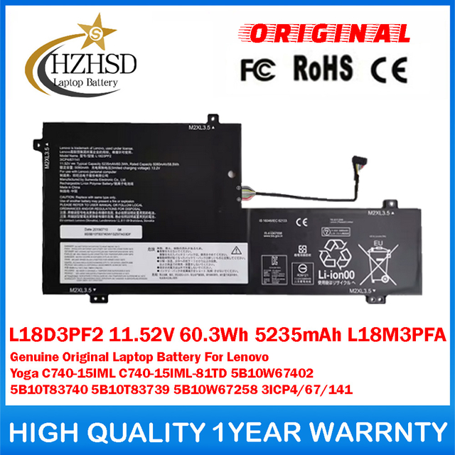 L18D3PF2 11.52V 60.3Wh 5235mAh L18M3PFA Genuine Original Laptop Battery For Lenovo Yoga C740-15IML C740-15IML-81TD 5B10W67402 5B10T83740 5B10T83739 5B10W67258 3ICP4/67/141