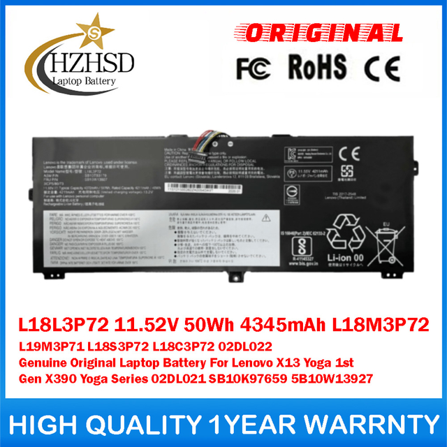 L18L3P72 11.52V 50Wh 4345mAh L18M3P72 L19M3P71 L18S3P72 L18C3P72 02DL022 Genuine Original Laptop Battery For Lenovo X13 Yoga 1st Gen X390 Yoga Series 02DL021 SB10K97659 5B10W13927
