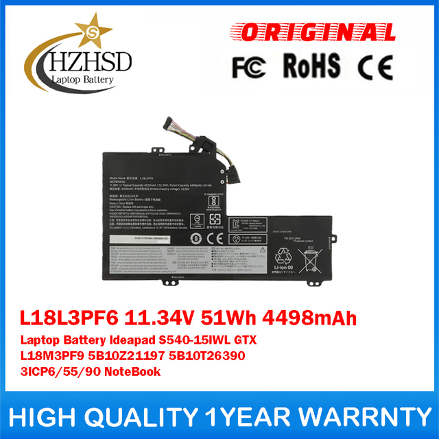 L18L3PF6 11.34V 51Wh 4498mAh Genuine Original Laptop Battery For Lenovo Ideapad S540-15IWL GTX L18M3PF9 5B10Z21197 5B10T26390 3ICP6/55/90 NoteBook