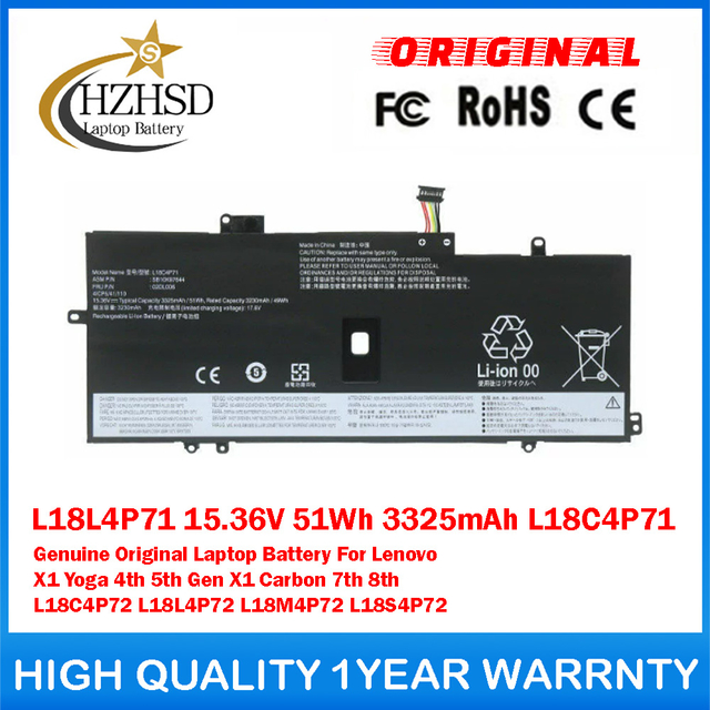 L18L4P71 15.36V 51Wh 3325mAh L18C4P71/2 Genuine Original Laptop Battery For Lenovo X1 Yoga 4/5TH Gen X1 CARBON 7/8TH L18L4P72 L18M4P72 L18S4P72