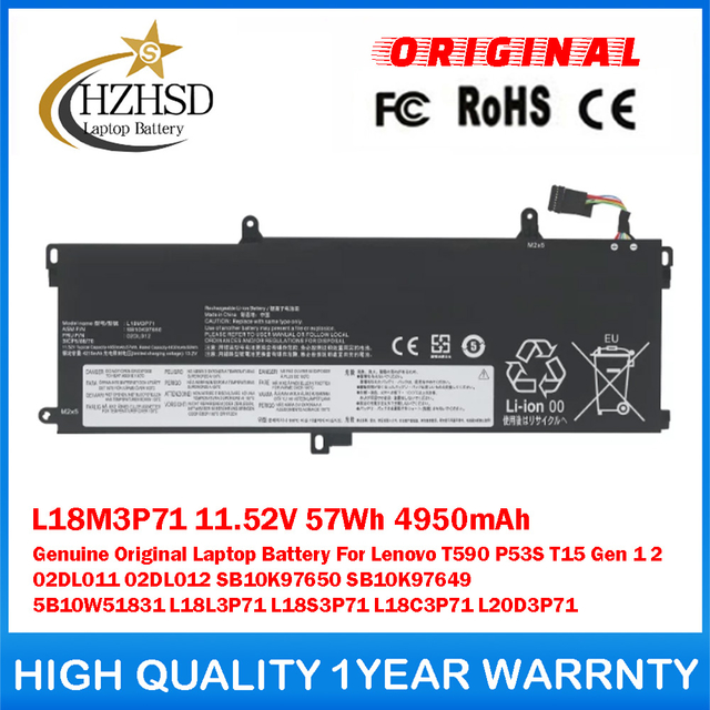 L18M3P71 11.52V 57Wh 4950mAh Genuine Original Laptop Battery For Lenovo T590 P53S T15 Gen 1 2 02DL011 02DL012 SB10K97650 SB10K97649 5B10W51831 L18L3P71 L18S3P71 L18C3P71 L20D3P71