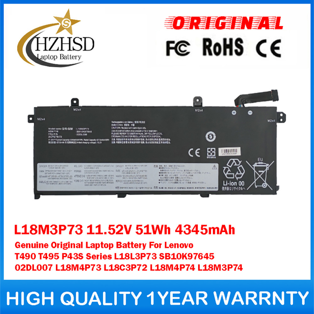 L18M3P73 11.52V 51Wh 4345mAh L18L3P73 L18C3P72 L18M3P74 L18M4P73/4 Genuine Original Laptop Battery For Lenovo T490 T495 P43S Series SB10K97645 02DL007