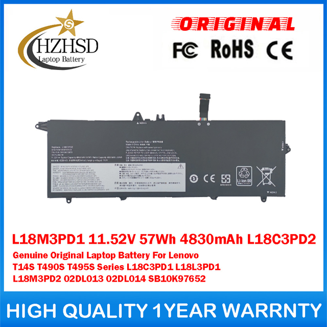 L18M3PD1 11.52V 57Wh 4830mAh L18C3PD2 Genuine Original Laptop Battery For Lenovo T14S T490S T495S Series L18C3PD1 L18L3PD1 L18M3PD2 02DL013 02DL014 SB10K97652