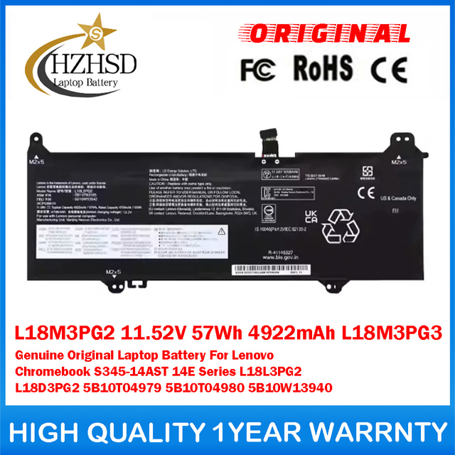 L18M3PG2 11.52V 57Wh 4922mAh L18M3PG3 Genuine Original Laptop Battery For Lenovo Chromebook S345-14AST 14E Series L18L3PG2 L18D3PG2 5B10T04979 5B10T04980 5B10W13940