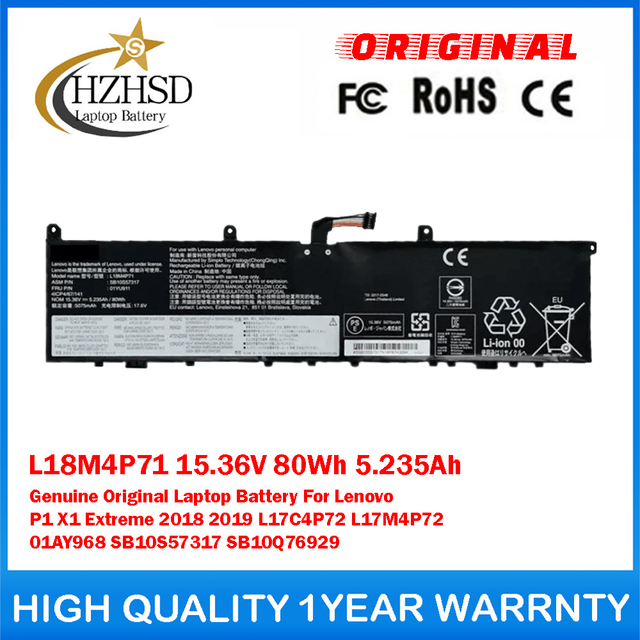 L18M4P71 15.36V 80Wh 5.235Ah Genuine Original Laptop Battery For Lenovo P1 X1 Extreme 2018 2019 L17C4P72 L17M4P72 01AY968 SB10S57317 SB10Q76929