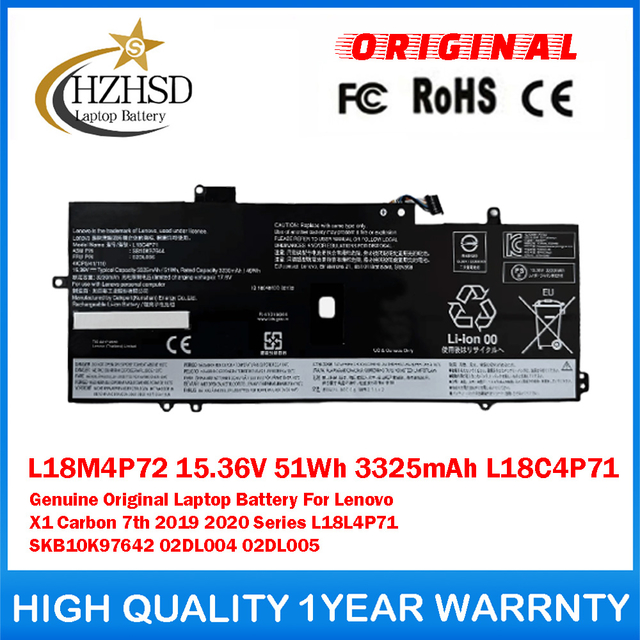 L18M4P72 15.36V 51Wh 3325mAh L18C4P71 Genuine Original Laptop Battery For Lenovo X1 Carbon 7th 2019 2020 Series L18L4P71 SKB10K97642 02DL004 02DL005