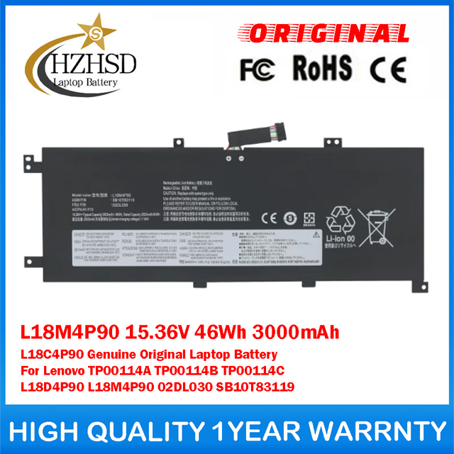 L18M4P90 15.36V 46Wh 3000mAh L18C4P90 Genuine Original Laptop Battery For Lenovo TP00114A TP00114B TP00114C L18D4P90 L18M4P90 02DL030 SB10T83119