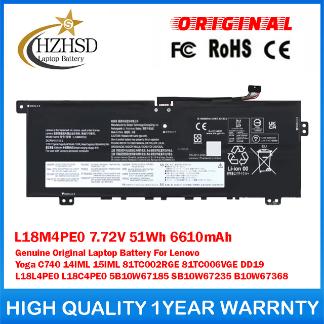 L18M4PE0 7.72V 51Wh 6610mAh Genuine Original Laptop Battery For Lenovo Yoga C740 14IML 15IML 81TC002RGE 81TC006VGE DD19 L18L4PE0 L18C4PE0 5B10W67185 SB10W67235 B10W67368