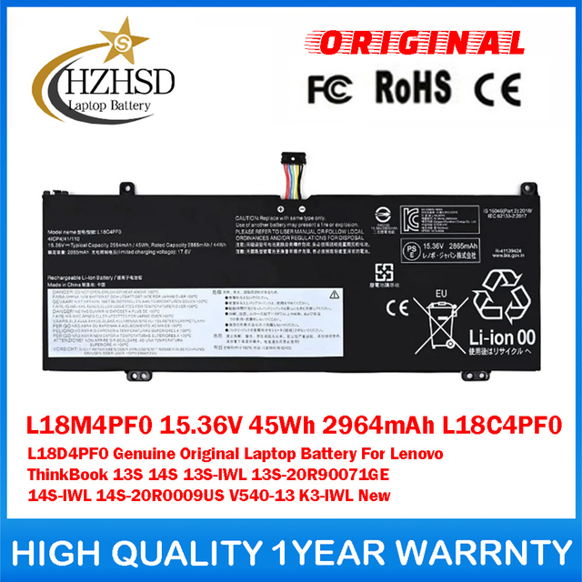 L18M4PF0 15.36V 45Wh 2964mAh L18C4PF0 L18D4PF0 Genuine Original Laptop Battery For Lenovo ThinkBook 13S 14S 13S-IWL 13S-20R90071GE 14S-IWL 14S-20R0009US V540-13 K3-IWL New
