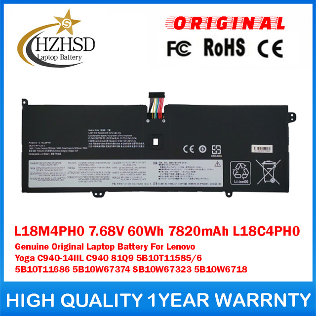 L18M4PH0 7.68V 60Wh 7820mAh L18C4PH0 Genuine Original Laptop Battery For Lenovo Yoga C940-14IIL C940 81Q9 5B10T11585/6 5B10T11686 5B10W67374 SB10W67323 5B10W6718