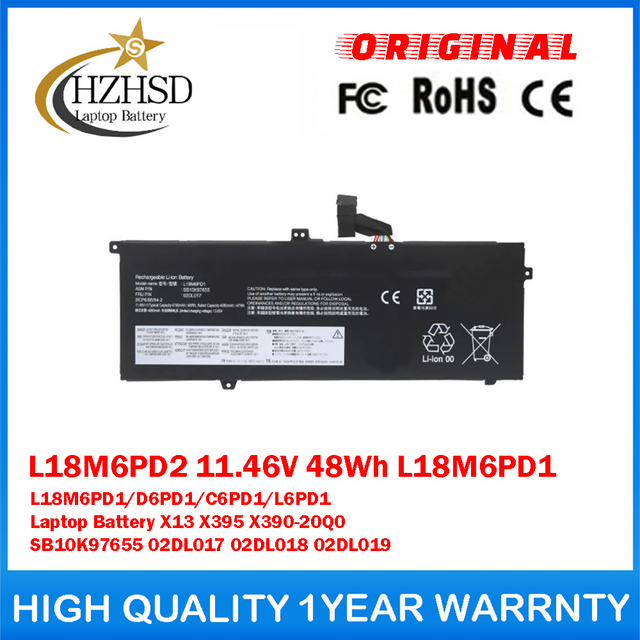 L18M6PD2 11.46V 48Wh 4190mAh ​L18M6PD1/D6PD1/C6PD1/L6PD1 Genuine Original Laptop Battery For Lenovo X13 X395 X390-20Q0 SB10K97655 02DL017 02DL018 02DL019