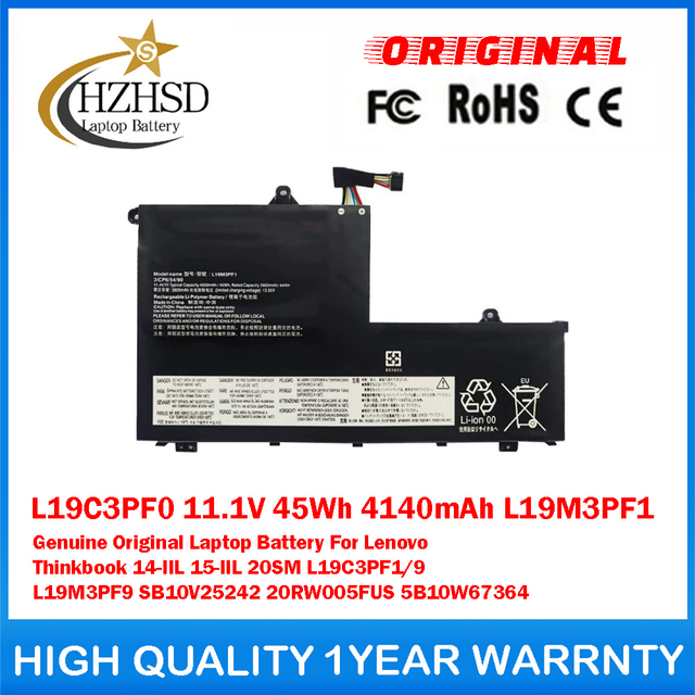 L19C3PF0 11.1V 45Wh 4140mAh L19M3PF1 Genuine Original Laptop Battery For Lenovo Thinkbook 14-IIL 15-IIL 20SM L19C3PF1/9 L19M3PF9 SB10V25242 20RW005FUS 5B10W67364