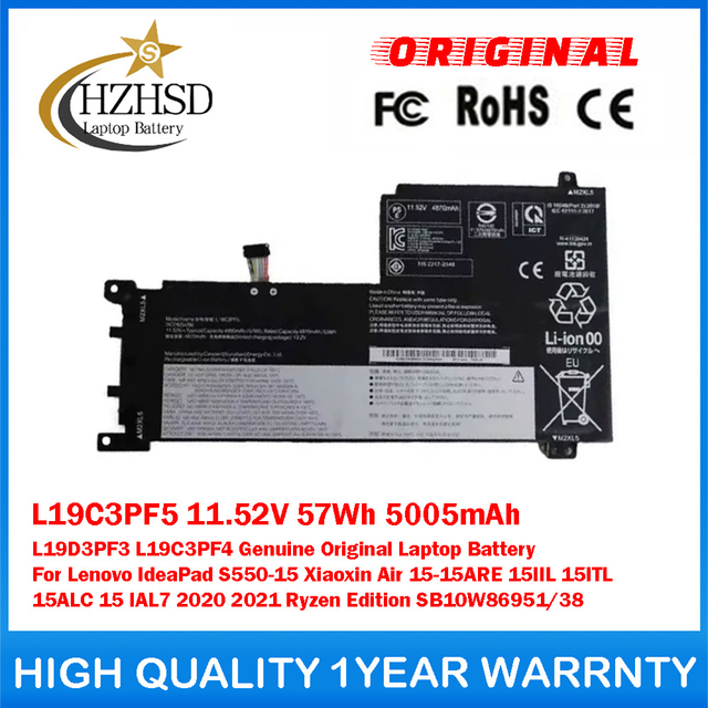 L19C3PF5 11.52V 57Wh 5005mAh L19D3PF3 L19C3PF4 Genuine Original Laptop Battery For Lenovo IdeaPad S550-15 Xiaoxin Air 15-15ARE 15IIL 15ITL 15ALC 15 IAL7 2020 2021 Ryzen Edition SB10W86951/38