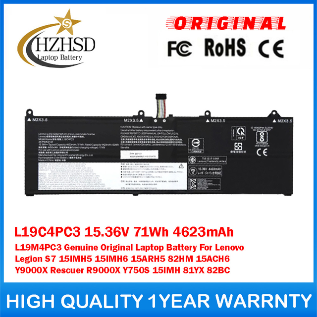 L19C4PC3 15.36V 71Wh 4623mAh L19M4PC3 Genuine Original Laptop Battery For Lenovo Legion S7 15IMH5 15IMH6 15ARH5 82HM 15ACH6 Y9000X Rescuer R9000X Y750S 15IMH 81YX 82BC