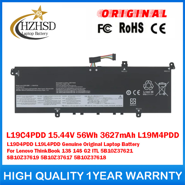 L19C4PDD 15.44V 56Wh 3627mAh L19M4PDD L19D4PDD L19L4PDD Genuine Original Laptop Battery For Lenovo ThinkBook 13S 14S G2 ITL 5B10Z37621 SB10Z37619 5B10Z37617 5B10Z37618