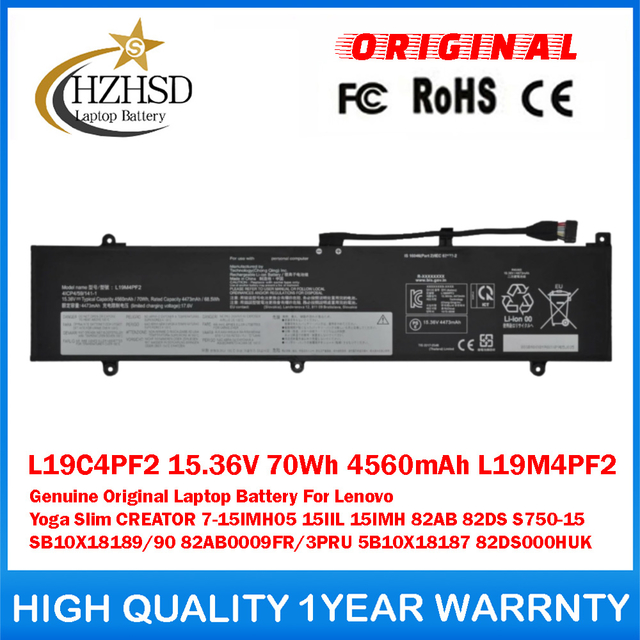 L19C4PF2 15.36V 70Wh 4560mAh L19M4PF2 Genuine Original Laptop Battery For Lenovo Yoga Slim CREATOR 7-15IMH05 15IIL 15IMH 82AB 82DS S750-15 SB10X18189/90 82AB0009FR/3PRU 5B10X18187 82DS000HUK