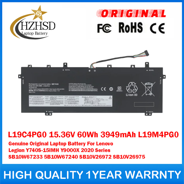 L19C4PG0 15.36V 60Wh 3949mAh L19M4PG0 Genuine Original Laptop Battery For Lenovo Legion Y740S-15IMH Y9000X 2020 SB10V26972 SB10V26975 SB10W67233 5B10W67240