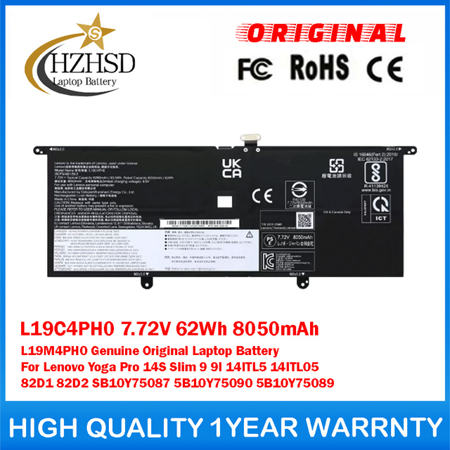 L19C4PH0 7.72V 62Wh 8050mAh L19M4PH0 Genuine Original Laptop Battery For Lenovo Yoga Pro 14S Slim 9 9I 14ITL5 14ITL05 82D1 82D2 SB10Y75087 5B10Y75090 5B10Y75089