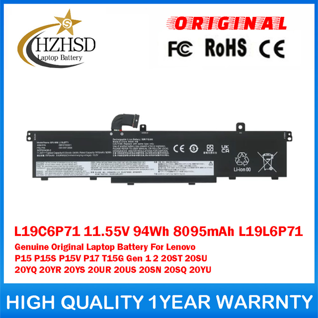 L19C6P71 11.55V 94Wh 8095mAh L19L6P71 Genuine Original Laptop Battery For Lenovo P15 P15S P15V P17 T15G Gen 1 2 20ST 20SU 20YQ 20YR 20YS 20UR 20US 20SN 20SQ 20YU