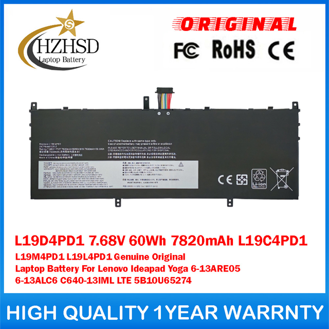 L19D4PD1 7.68V 60Wh 7820mAh L19C4PD1 L19M4PD1 L19L4PD1 Genuine Original Laptop Battery For Lenovo Ideapad Yoga 6-13ARE05 6-13ALC6 C640-13IML LTE 5B10U65274