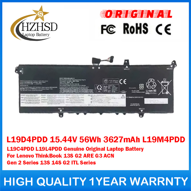 L19D4PDD 15.44V 56Wh 3627mAh L19M4PDD L19C4PDD L19L4PDD Genuine Original Laptop Battery For Lenovo ThinkBook 13S G2 ARE G3 ACN Gen 2 Series 13S 14S G2 ITL Series