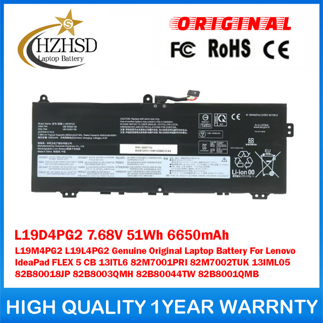 L19D4PG2 7.68V 51Wh 6650mAh L19M4PG2 L19L4PG2 Genuine Original Laptop Battery For Lenovo IdeaPad FLEX 5 CB 13ITL6 82M7001PRI 82M7002TUK 13IML05 82B80018JP 82B8003QMH 82B80044TW 82B8001QMB