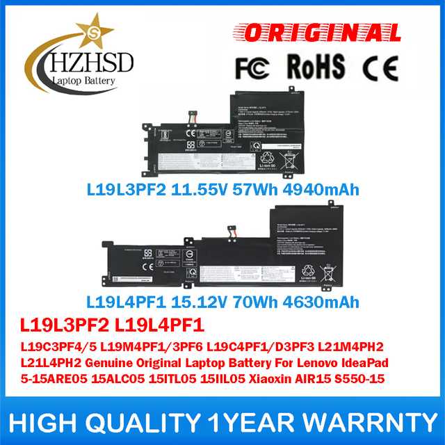 L19L3PF2 11.55V 57Wh L19L4PF1 15.12V 70Wh L19C3PF4 L19C3PF5 L19M4PF1 L19M3PF6 L19C4PF1 L19D3PF3 L21M4PH2 L21L4PH2 Genuine Original Laptop Battery For Lenovo IdeaPad 5-15ARE05 15ALC05 15ITL05 15IIL05 Xiaoxin AIR15 S550-15 SB10W8695