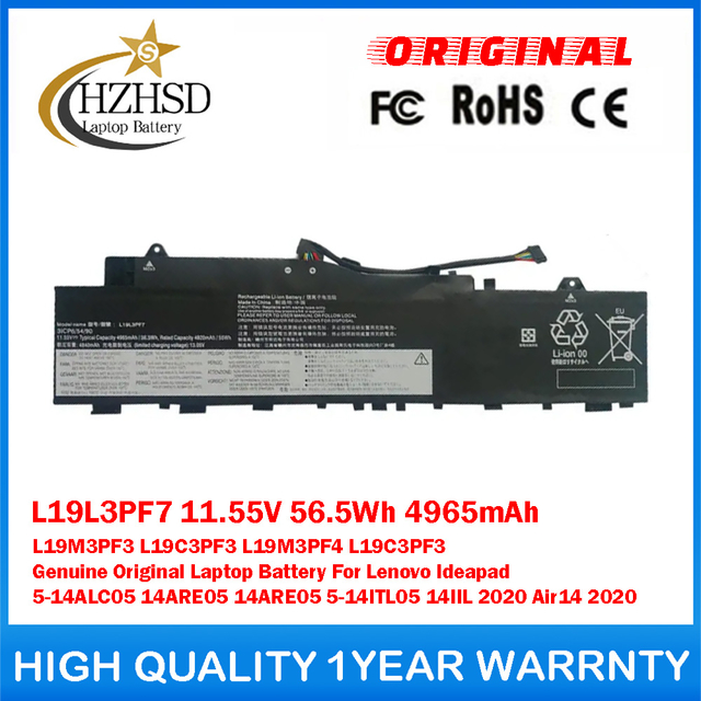 L19L3PF7 11.55V 56.5Wh 4965mAh L19M3PF3 L19C3PF3 L19M3PF4 L19C3PF3 Genuine Original Laptop Battery For Lenovo Ideapad 5-14ALC05 14ARE05 14ARE05 5-14ITL05 14IIL 2020 Air14 2020