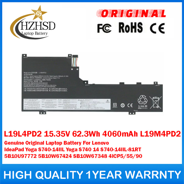 L19L4PD2 15.35V 62.3Wh 4060mAh L19M4PD2 Genuine Original Laptop Battery For Lenovo IdeaPad Yoga S740-14IIL Yoga S740 14 S740-14IIL-81RT 5B10U97772 5B10W67424 SB10W67348 4ICP5/55/90