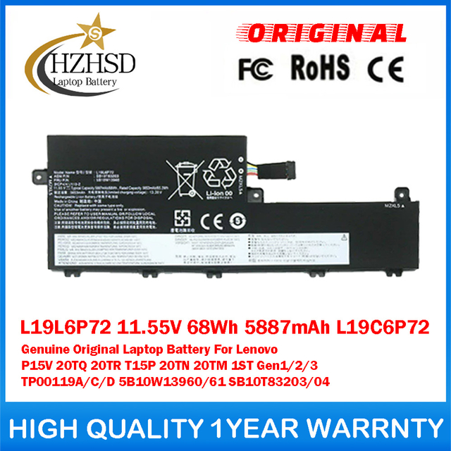 L19L6P72 11.55V 68Wh 5887mAh L19C6P72 Genuine Original Laptop Battery For Lenovo P15V 20TQ 20TR T15P 20TN 20TM 1ST Gen1/2/3 TP00119A/C/D 5B10W13960/61 SB10T83203/04
