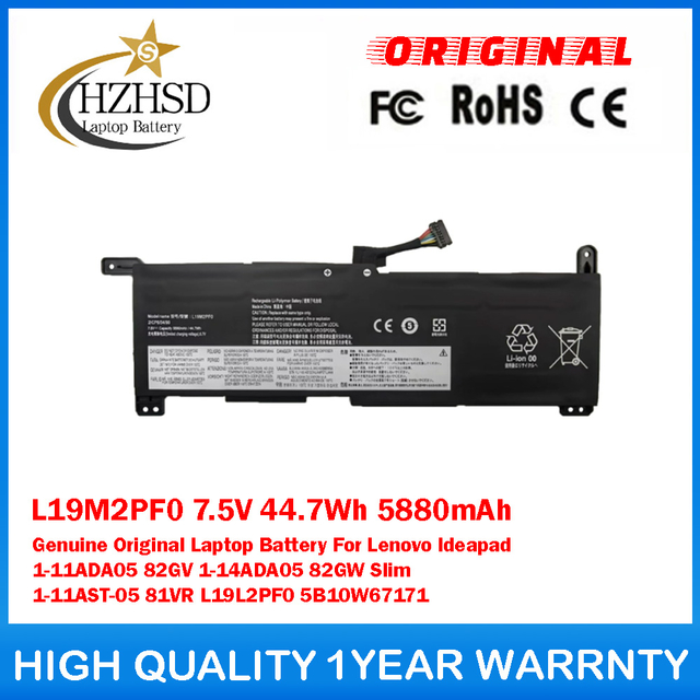 L19M2PF0 7.5V 44.7Wh 5880mAh Genuine Original Laptop Battery For Lenovo Ideapad 1-11ADA05 82GV 1-14ADA05 82GW Slim 1-11AST-05 81VR L19L2PF0 5B10W67171