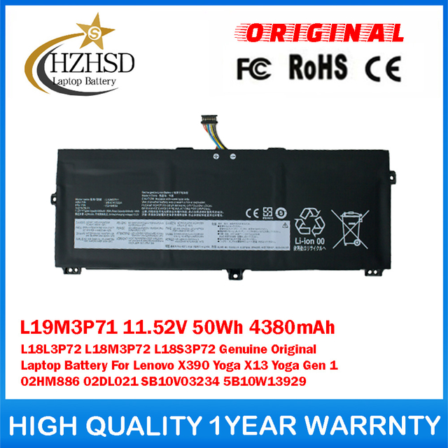 L19M3P71 11.52V 50Wh 4380mAh L18M3P72 L18L3P72 L18S3P72 Genuine Original Laptop Battery For Lenovo X390 Yoga X13 Yoga Gen 1 02HM886 02DL021 SB10V03234 5B10W13929