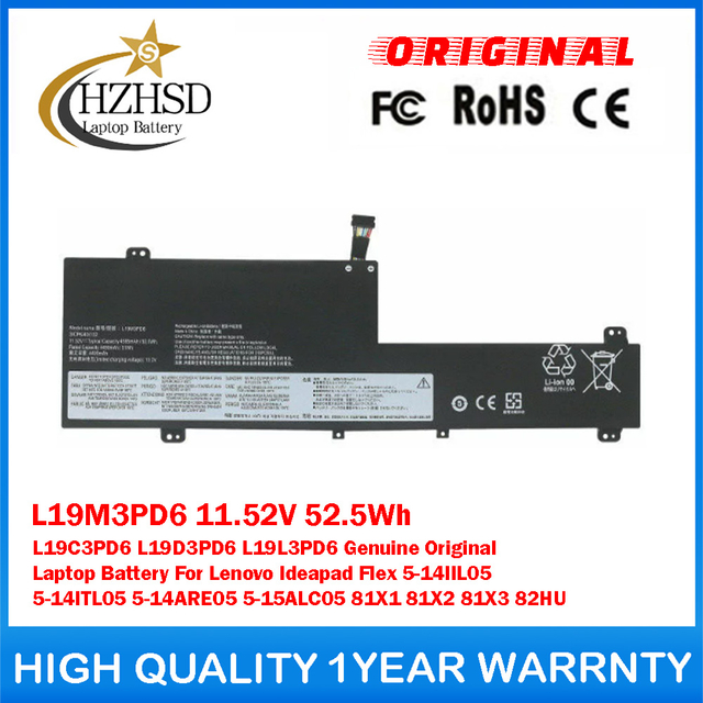 L19M3PD6 11.52V 52.5Wh L19C3PD6 L19D3PD6 L19L3PD6 Genuine Original Laptop Battery For Lenovo Ideapad Flex 5-14IIL05 5-14ITL05 5-14ARE05 5-15ALC05 81X1 81X2 81X3 82HU