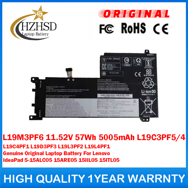 L19M3PF6 11.52V 57Wh 5005mAh L19C3PF5/4 L19C4PF1 L19D3PF3 L19L3PF2 L19L4PF1 Genuine Original Laptop Battery For Lenovo IdeaPad 5-15ALC05 15ARE05 15IIL05 15ITL05