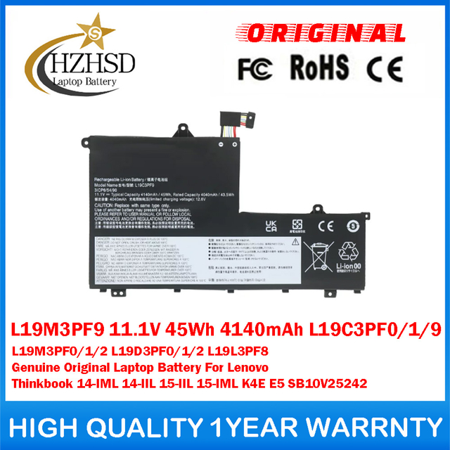 L19M3PF9 11.1V 45Wh 4140mAh L19C3PF0/1/9 L19M3PF0/1/2 L19D3PF0/1/2 L19L3PF8 Genuine Original Laptop Battery For Lenovo Thinkbook 14-IML 14-IIL 15-IIL 15-IML K4E E5 SB10V25242