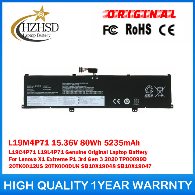 L19M4P71 15.36V 80Wh 5235mAh L19C4P71 L19L4P71 Genuine Original Laptop Battery For Lenovo X1 Extreme P1 3rd Gen 3 2020 TP00099D 20TK0012US 20TK000DUK SB10X19048 SB10X19047