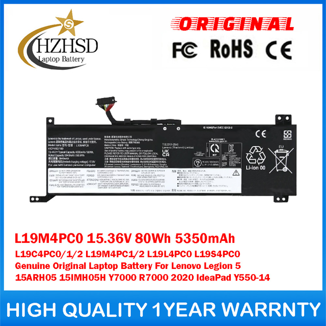 L19M4PC0 15.36V 80Wh 5350mAh L19C4PC0/1/2 L19M4PC1/2 L19L4PC0 L19S4PC0 Genuine Original Laptop Battery For Lenovo Legion 5 15ARH05 15IMH05H Y7000 R7000 2020 IdeaPad Y550-14
