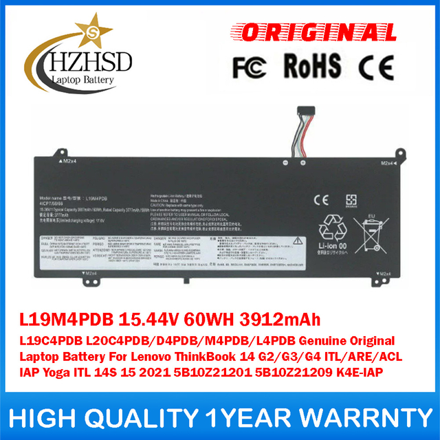 L19M4PDB 15.44V 60WH 3912mAh L19C4PDB L20C4PDB/D4PDB/M4PDB/L4PDB Genuine Original Laptop Battery For Lenovo ThinkBook 14 G2/G3/G4 ITL/ARE/ACL/IAP Yoga ITL 14S 15 2021 5B10Z21201 5B10Z21209 K4E-IAP