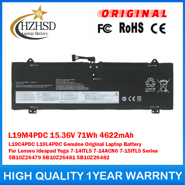 L19M4PDC 15.36V 71Wh 4622mAh L19C4PDC L19L4PDC Genuine Original Laptop Battery For Lenovo Ideapad Yoga 7-14ITL5 7-14ACN6 7-15ITL5 Series 5B10Z26479 SB10Z26481 5B10Z26482