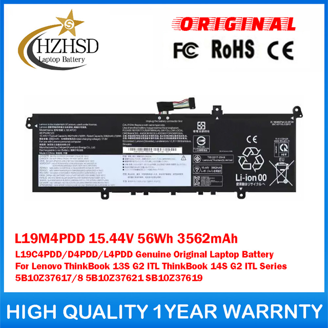L19M4PDD 15.44V 56Wh 3562mAh L19C4PDD/D4PDD/L4PDD Genuine Original Laptop Battery For Lenovo ThinkBook 13S G2 ITL ThinkBook 14S G2 ITL Series 5B10Z37617/8 5B10Z37621 SB10Z37619