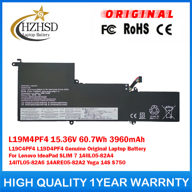 L19M4PF4 15.36V 60.7Wh 3960mAh L19C4PF4 L19D4PF4 Genuine Original Laptop Battery For Lenovo IdeaPad SLIM 7 14IIL05-82A4 14ITL05-82A6 14ARE05-82A2 Yoga 14S S750