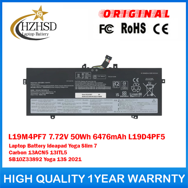 L19M4PF7 7.72V 50Wh 6476mAh L19D4PF5 Genuine Original Laptop Battery For Lenovo Ideapad Yoga Slim 7 Carbon 13ACN5 13ITL5 SB10Z33892 Yoga 13S 2021