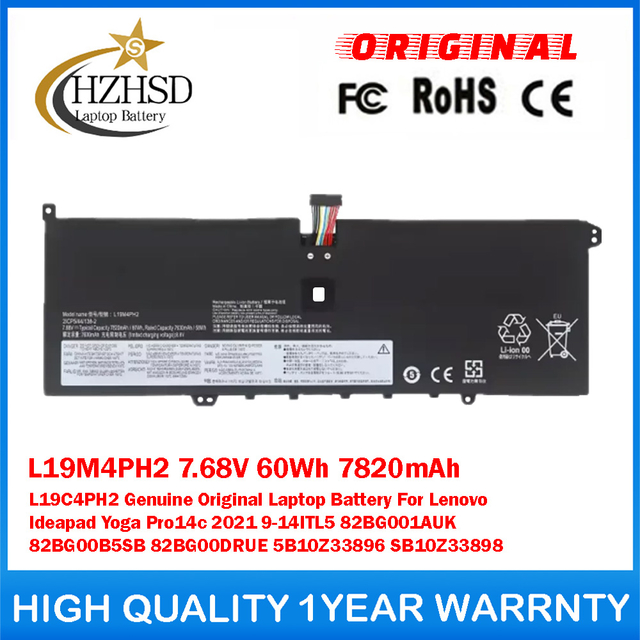 L19M4PH2 7.68V 60Wh 7820mAh L19C4PH2 Genuine Original Laptop Battery For Lenovo Ideapad Yoga Pro14c 2021 9-14ITL5 82BG001AUK 82BG00B5SB 82BG00DRUE 5B10Z33896 SB10Z33898