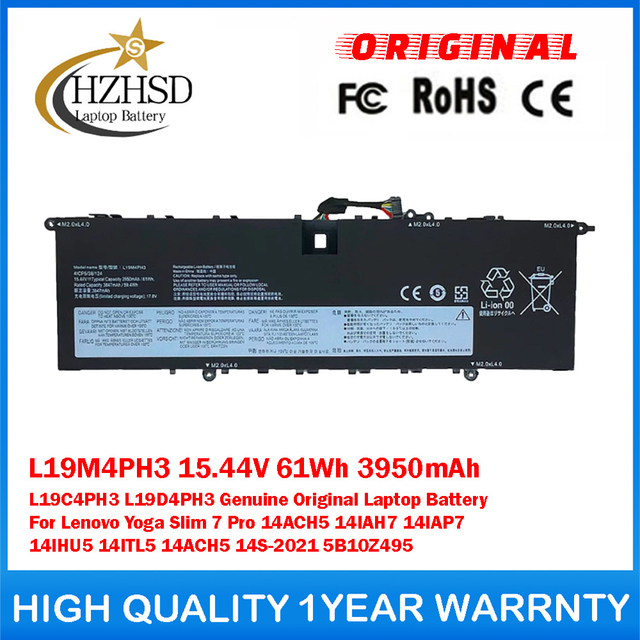 L19M4PH3 15.44V 61Wh 3950mAh L19C4PH3 L19D4PH3 Genuine Original Laptop Battery For Lenovo Yoga Slim 7 Pro 14ACH5 14IAH7 14IAP7 14IHU5 14ITL5 14ACH5 14S-2021 5B10Z495