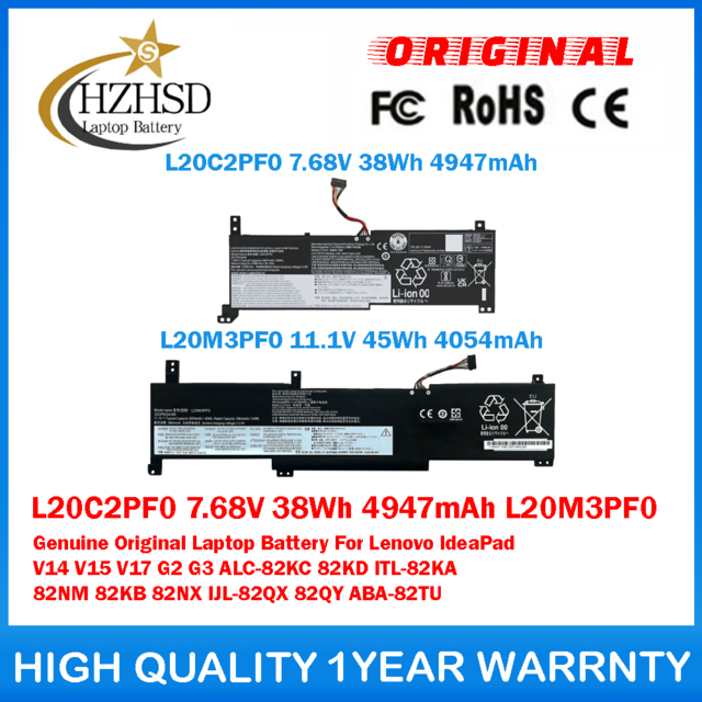 L20C2PF0 7.68V 38Wh 4947mAh L20M3PF0 Genuine Original Laptop Battery For Lenovo IdeaPad V14 V15 V17 G2 G3 ALC-82KC 82KD ITL-82KA 82NM 82KB 82NX IJL-82QX 82QY ABA-82TU