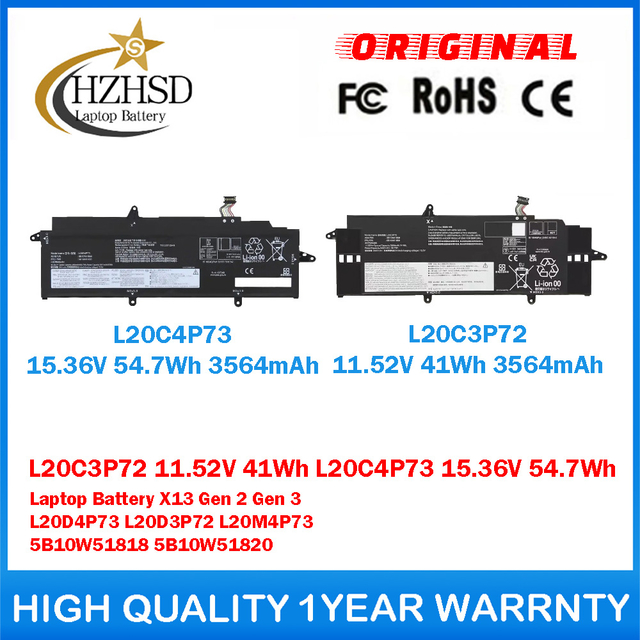 L20C3P72 11.52V 41Wh L20C4P73 15.36V 54.7Wh Genuine Original Laptop Battery For Lenovo X13 Gen 2 Gen 3 L20D4P73 L20D3P72 L20M4P73 5B10W51818 5B10W51820