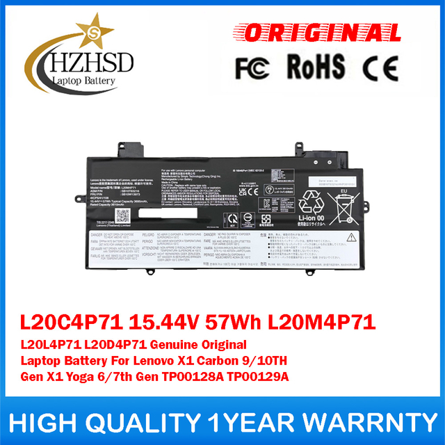L20C4P71 15.44V 57Wh 3695mAh L20M4P71 L20L4P71 L20D4P71 Genuine Original Laptop Battery For Lenovo X1 Carbon 9/10TH Gen X1 Yoga 6/7th Gen TP00128A TP00129A