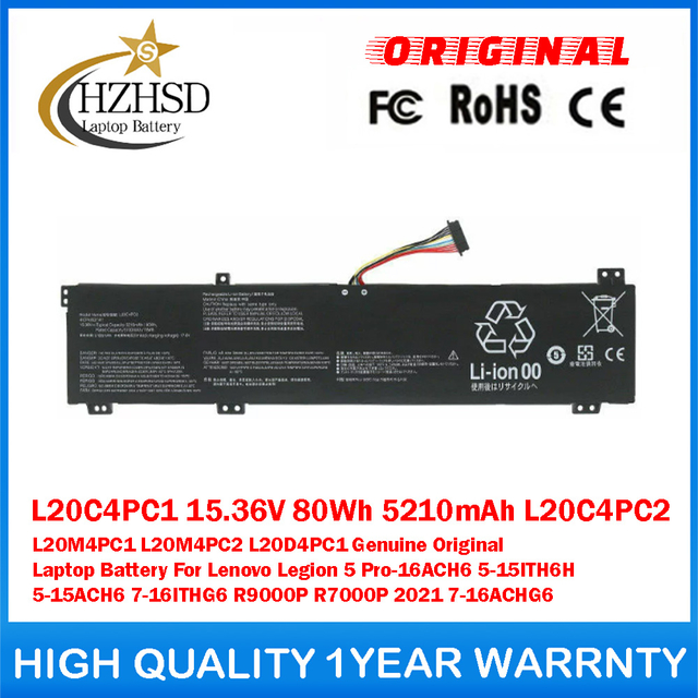 L20C4PC1 15.36V 80Wh 5210mAh L20C4PC2 L20M4PC1 L20M4PC2 L20D4PC1 Genuine Original Laptop Battery For Lenovo Legion 5 Pro-16ACH6 5-15ITH6H 5-15ACH6 7-16ITHG6 R9000P R7000P 2021 7-16ACHG6